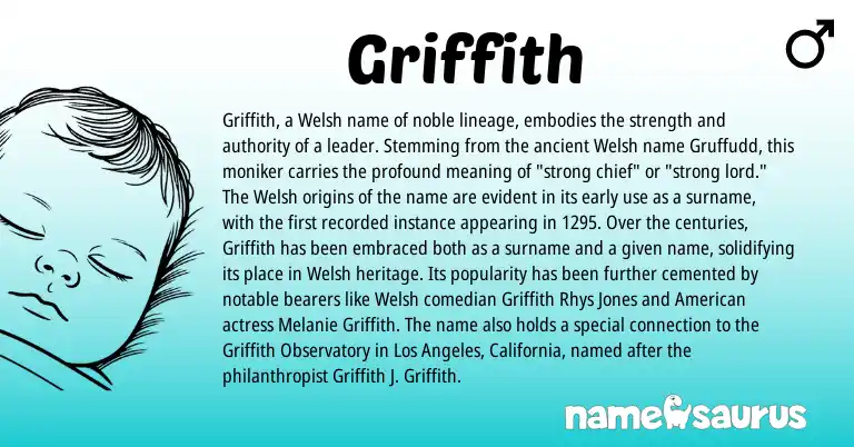 Infographic about Griffith name meaning, Griffith is a name from Welsh, American origin(s).