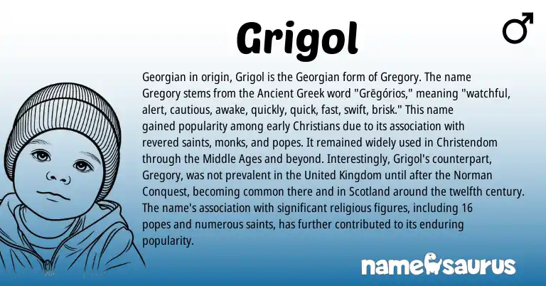 Infographic about Grigol name meaning, Grigol is a name from Ancient Greek, Georgian, United Kingdom, Norman origin(s).
