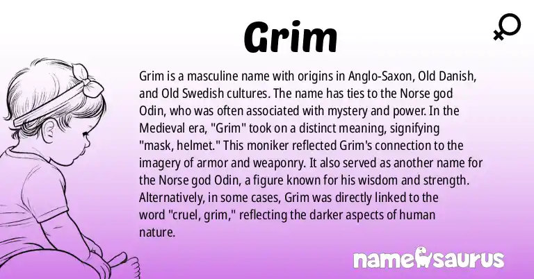 Infographic about Grim name meaning, Grim is a name from Anglo-Saxon, Old Danish, Old Swedish, Swedish origin(s).