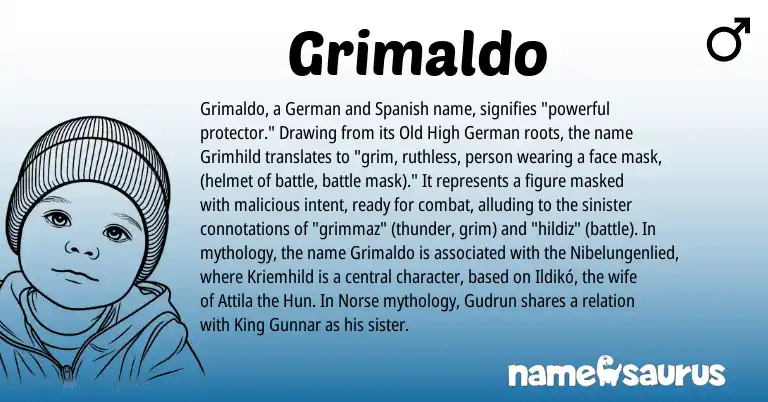 Infographic about Grimaldo name meaning, Grimaldo is a name from Old High German, German, Spanish, Norse origin(s).