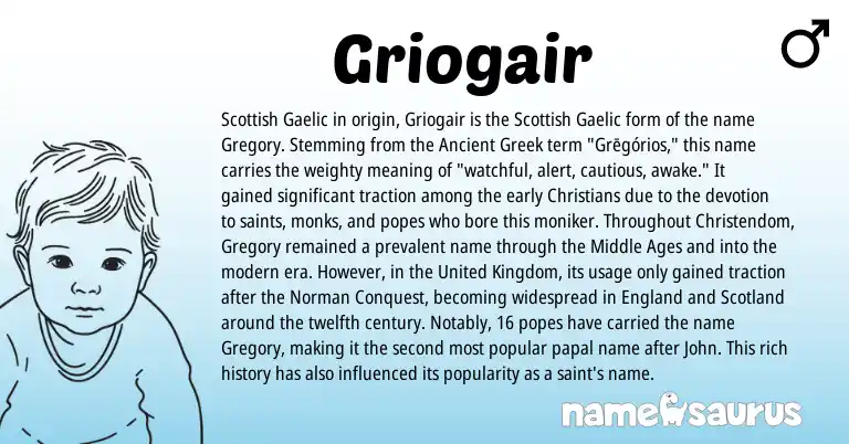 Infographic about Griogair name meaning, Griogair is a name from Ancient Greek, England, Gaelic, United Kingdom, Norman, Scottish origin(s).