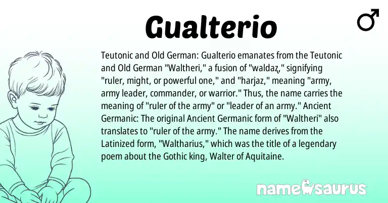 Infographic about Gualterio name meaning, Gualterio is a name from Teutonic, Old German, Ancient Germanic, Gothic origin(s).