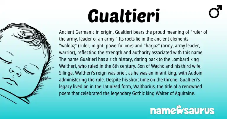 Infographic about Gualtieri name meaning, Gualtieri is a name from Ancient Germanic, Gothic, Lombard origin(s).