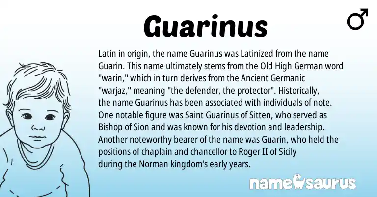 Infographic about Guarinus name meaning, Guarinus is a name from Old High German, Norman, Latin, Ancient Germanic origin(s).