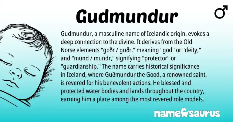 Infographic about Gudmundur name meaning, Gudmundur is a name from Old Norse, Icelandic origin(s).