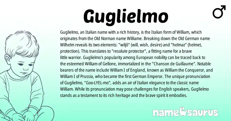 Infographic about Guglielmo name meaning, Guglielmo is a name from English, European, England, Old Norman, Old German, German, Italian origin(s).