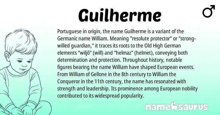 Infographic about Guilherme name meaning, Guilherme is a name from Old High German, Germanic, European, Portuguese origin(s).