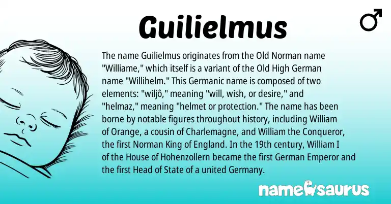 Infographic about Guilielmus name meaning, Guilielmus is a name from Old High German, England, Germanic, Old Norman, German, Norman origin(s).