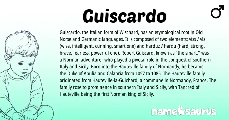 Infographic about Guiscardo name meaning, Guiscardo is a name from Old Norse, Norman, Germanic, Italian origin(s).