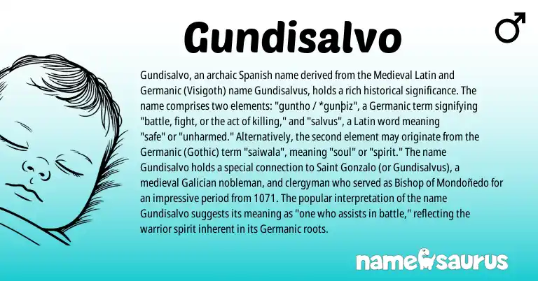 Infographic about Gundisalvo name meaning, Gundisalvo is a name from Medieval Latin, Spanish, Germanic, Latin, Galician, Gothic origin(s).
