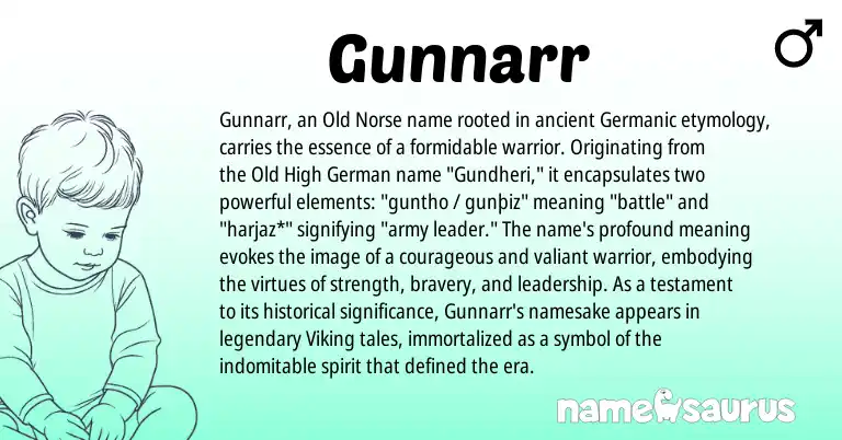 Infographic about Gunnarr name meaning, Gunnarr is a name from Old High German, Old Norse, Germanic origin(s).
