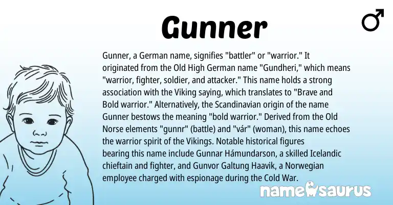 Infographic about Gunner name meaning, Gunner is a name from Old Norse, Icelandic, Old High German, Scandinavian, Norwegian, German origin(s).