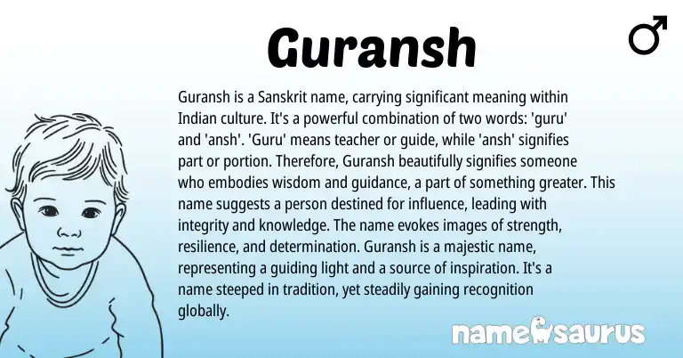 Infographic about Guransh name meaning, Guransh is a name from Indian, Sikh, Sanskrit origin(s).