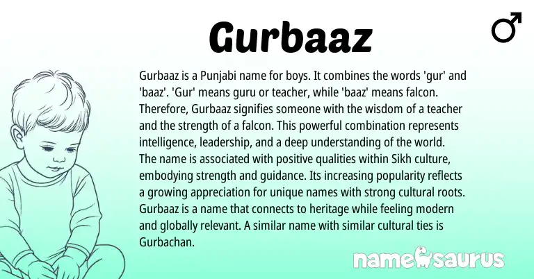 Infographic about Gurbaaz name meaning, Gurbaaz is a name from Punjabi, Indian origin(s).