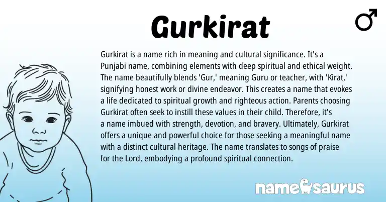 Infographic about Gurkirat name meaning, Gurkirat is a name from Hindi, Punjabi origin(s).