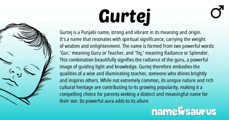 Infographic about Gurtej name meaning, Gurtej is a name from Sikh, Punjabi origin(s).