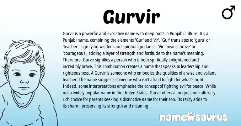 Infographic about Gurvir name meaning, Gurvir is a name from Indian, Punjabi origin(s).