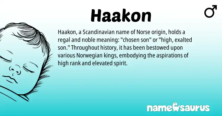 Infographic about Haakon name meaning, Haakon is a name from Norwegian, Scandinavian, Norse origin(s).