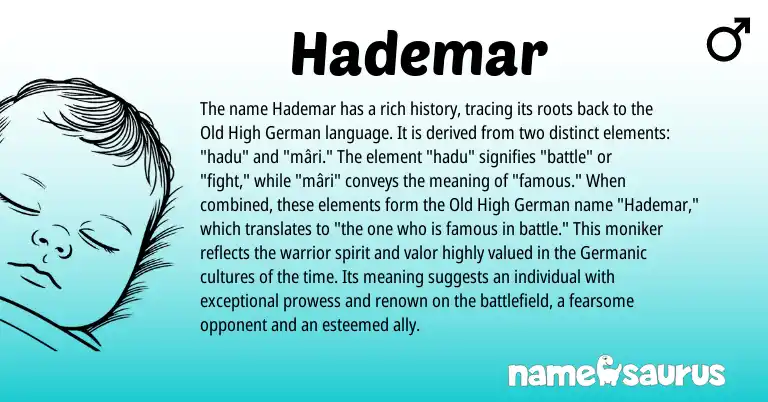 Infographic about Hademar name meaning, Hademar is a name from Old High German, Germanic origin(s).