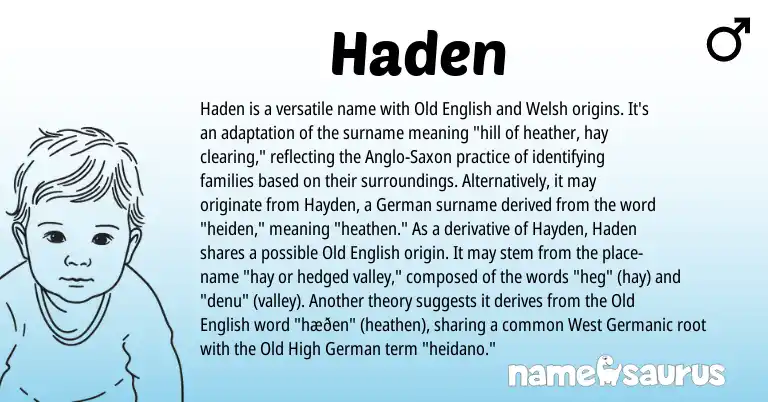 Infographic about Haden name meaning, Haden is a name from German, Anglo-Saxon, Old High German, Welsh, West Germanic, Old English origin(s).