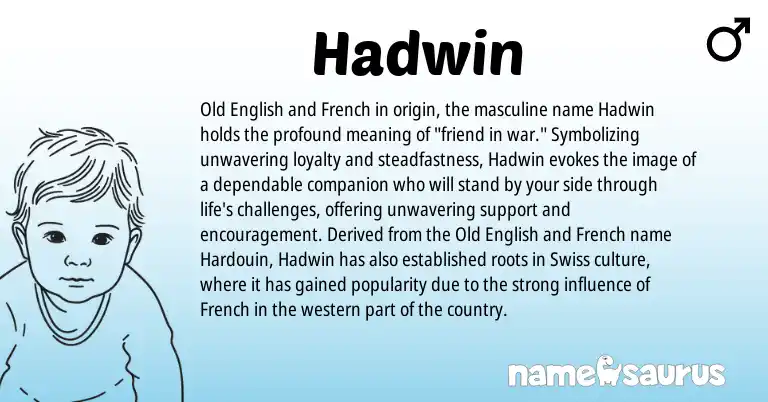 Infographic about Hadwin name meaning, Hadwin is a name from Swiss, Old English, French origin(s).