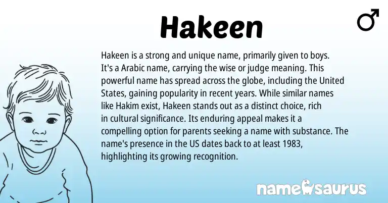 Infographic about Hakeen name meaning, Hakeen is a name from Unknown origin(s).