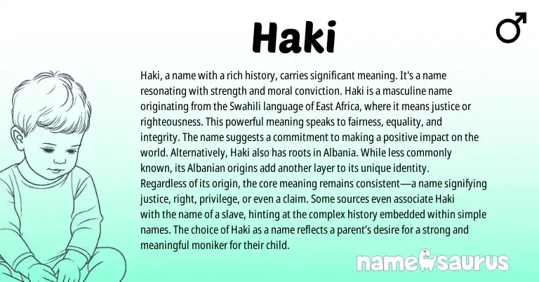 Infographic about Haki name meaning, Haki is a name from Danish, Persian, African, Swahili origin(s).
