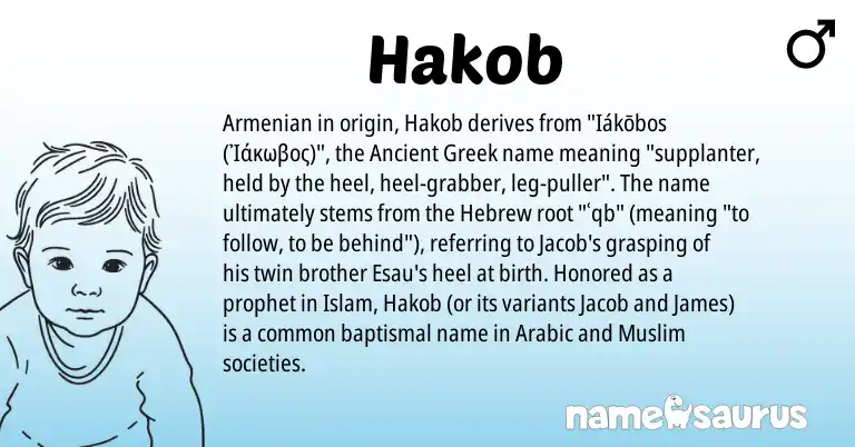 Infographic about Hakob name meaning, Hakob is a name from Ancient Greek, Armenian, Arabic, Hebrew, Muslim origin(s).