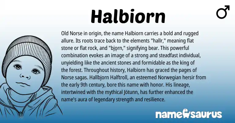 Infographic about Halbiorn name meaning, Halbiorn is a name from Norwegian, Old Norse, Norse origin(s).