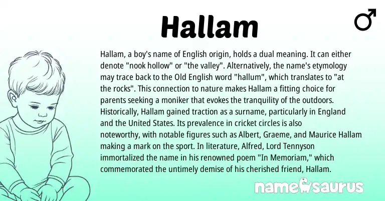 Infographic about Hallam name meaning, Hallam is a name from Old English, English, United States, England origin(s).