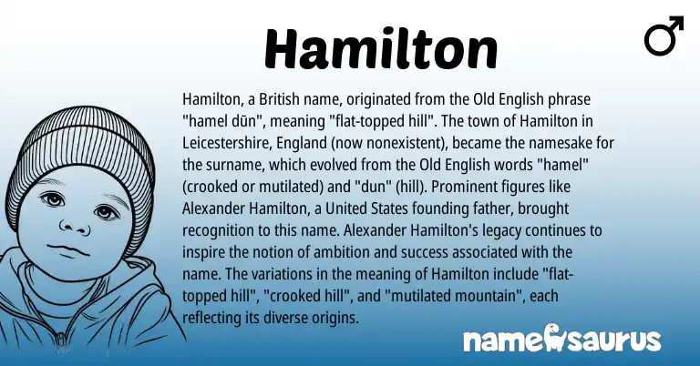 Infographic about Hamilton name meaning, Hamilton is a name from Old English, British, United States, England origin(s).