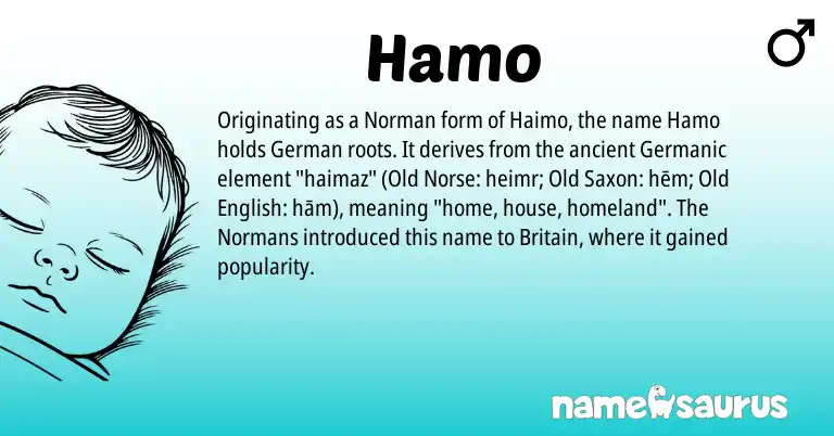 Infographic about Hamo name meaning, Hamo is a name from Old Norse, Old Saxon, Old English, Germanic, German, Norman origin(s).