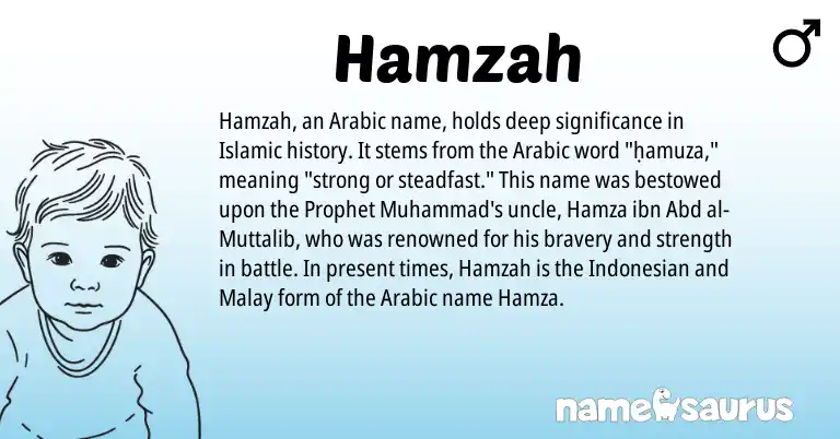 Infographic about Hamzah name meaning, Hamzah is a name from Indonesian, Arabic, Malay origin(s).
