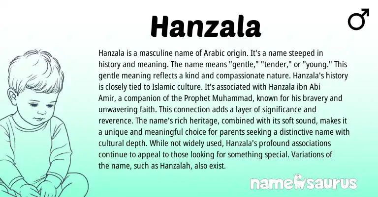 Infographic about Hanzala name meaning, Hanzala is a name from Arabic origin(s).
