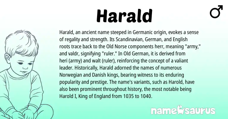 Infographic about Harald name meaning, Harald is a name from Old Norse, Danish, Scandinavian, English, England, Norwegian, Germanic, Old German, German origin(s).