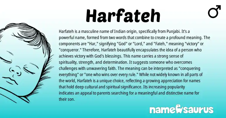 Infographic about Harfateh name meaning, Harfateh is a name from Indian, Punjabi, Sikh origin(s).
