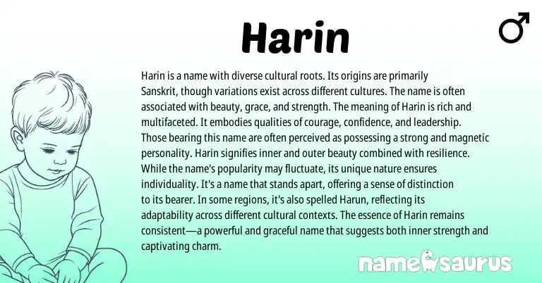 Infographic about Harin name meaning, Harin is a name from Indian, Sanskrit origin(s).