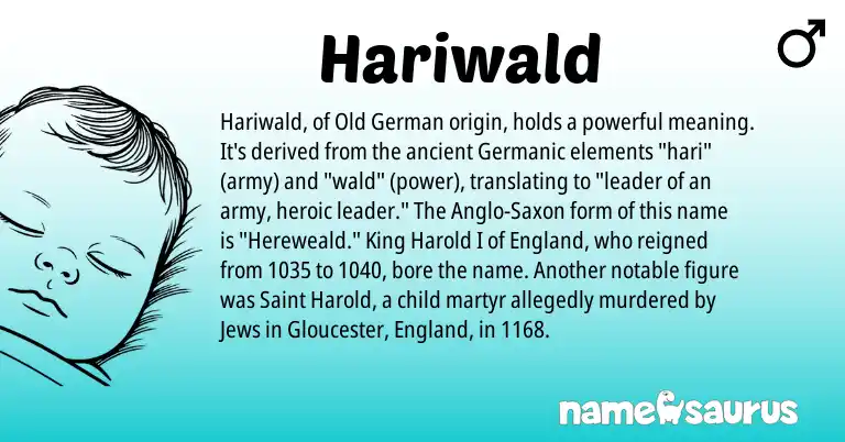 Infographic about Hariwald name meaning, Hariwald is a name from Old German, England, Germanic, Anglo-Saxon origin(s).