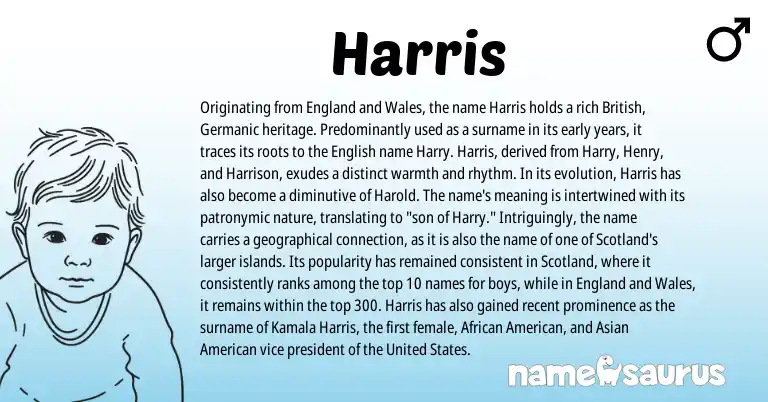 Infographic about Harris name meaning, Harris is a name from British, United States, English, England, Germanic, African, American, Asian origin(s).