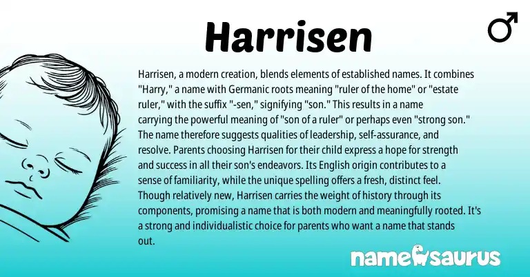 Infographic about Harrisen name meaning, Harrisen is a name from Germanic, English origin(s).