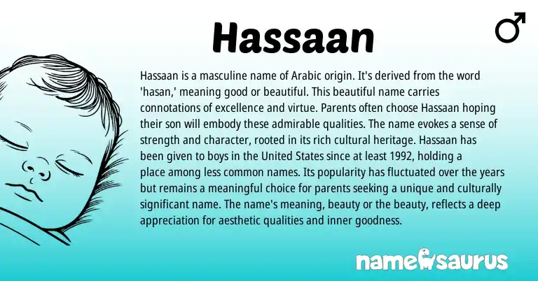 Infographic about Hassaan name meaning, Hassaan is a name from Arabic origin(s).