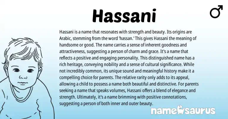 Infographic about Hassani name meaning, Hassani is a name from African, Arabic origin(s).