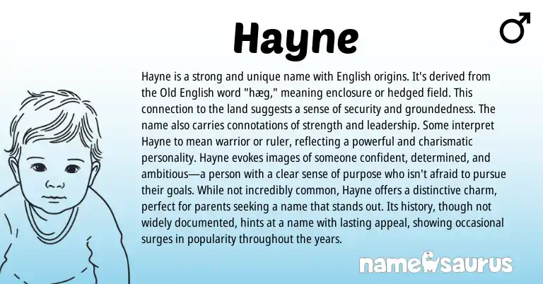 Infographic about Hayne name meaning, Hayne is a name from Japanese, English origin(s).