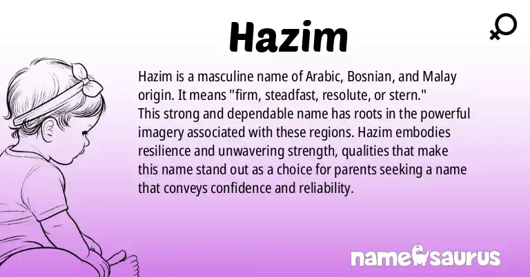 Infographic about Hazim name meaning, Hazim is a name from Arabic, Bosnian, Malay origin(s).