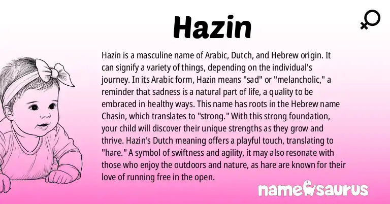 Infographic about Hazin name meaning, Hazin is a name from Arabic, Dutch, Hebrew origin(s).