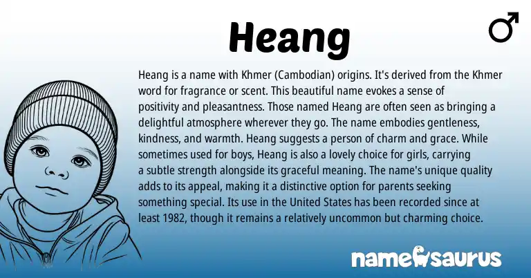 Infographic about Heang name meaning, Heang is a name from Khmer, Odia, Cambodian origin(s).