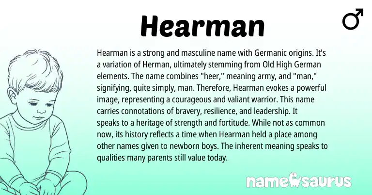 Infographic about Hearman name meaning, Hearman is a name from Germanic, English origin(s).