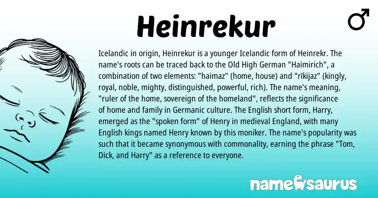 Infographic about Heinrekur name meaning, Heinrekur is a name from Icelandic, Old High German, English, England, Germanic origin(s).