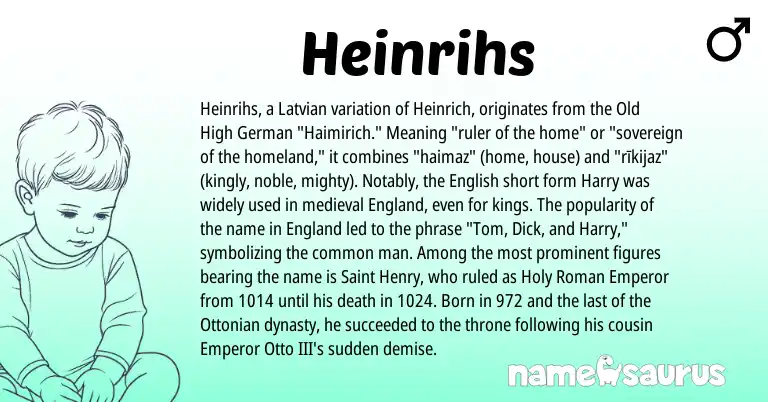 Infographic about Heinrihs name meaning, Heinrihs is a name from Old High German, English, England, Roman, Latvian origin(s).