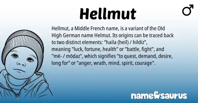 Infographic about Hellmut name meaning, Hellmut is a name from Old High German, Middle French origin(s).